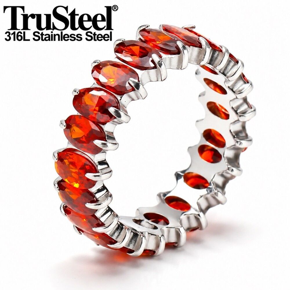 316L Stainless Steel Red Orange CZ Eternity Ring Marquise Stone Band Size 6